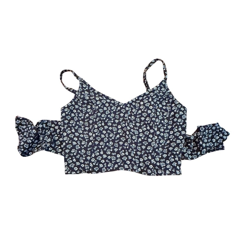 Hollister Floral Print Smocked Crop Top Womens Size S Blue & White Sleeveless